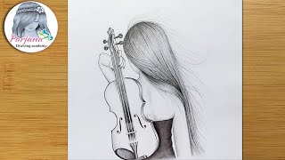 Very easy way to draw a girl with violin - Pencil sketch for beginners ||  Easy Drawing Technique