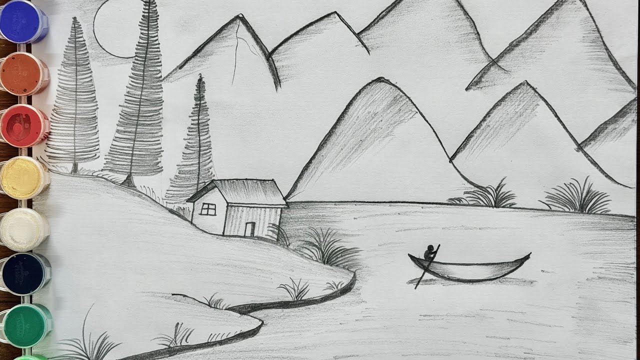 Easy scenery drawing with pencil | Mountain scenery | easy nature drawing with pencil | rever