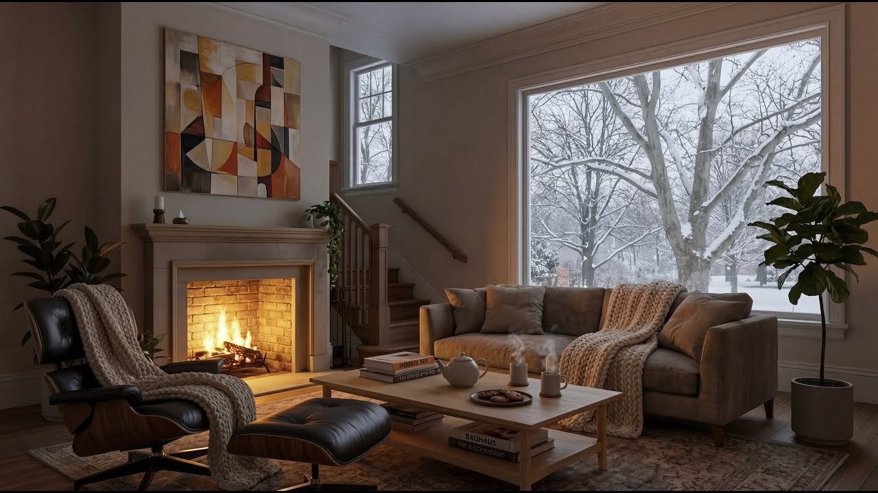 Peaceful Days: Snowfall & Warm Crackling Fireplace for Relaxing | Crackling Fire Sounds | 2 Hours