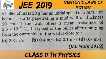 A bullet of mass 20 g has an initial speed of 1 m/s, just before it starts penetrating a mud wall of