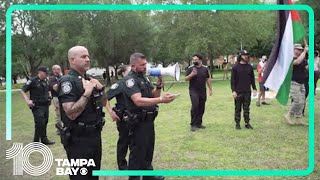 Police give an update after tear gas deployed during pro-Palestinian protest at USF