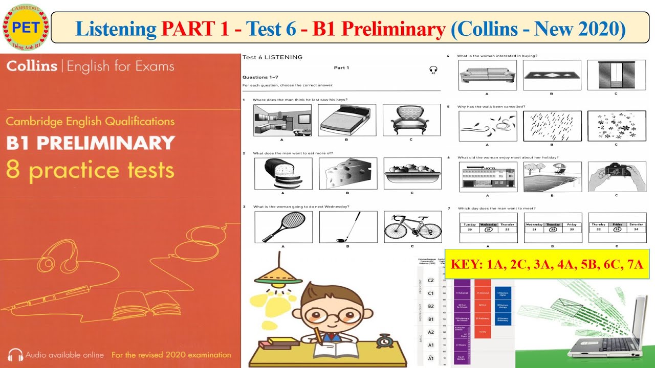 Предварительный уровень B1 — Коллинз — Аудирование, часть 1, тест 6 (2020 + транскрипт + ключ)