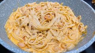 Pasta Fetuccini a la crema con camarones 🍤 receta para toda la familia