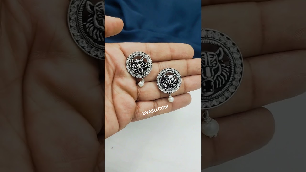 Oxidised Silver Lion Stud with Stone Work By Dvasu.com 