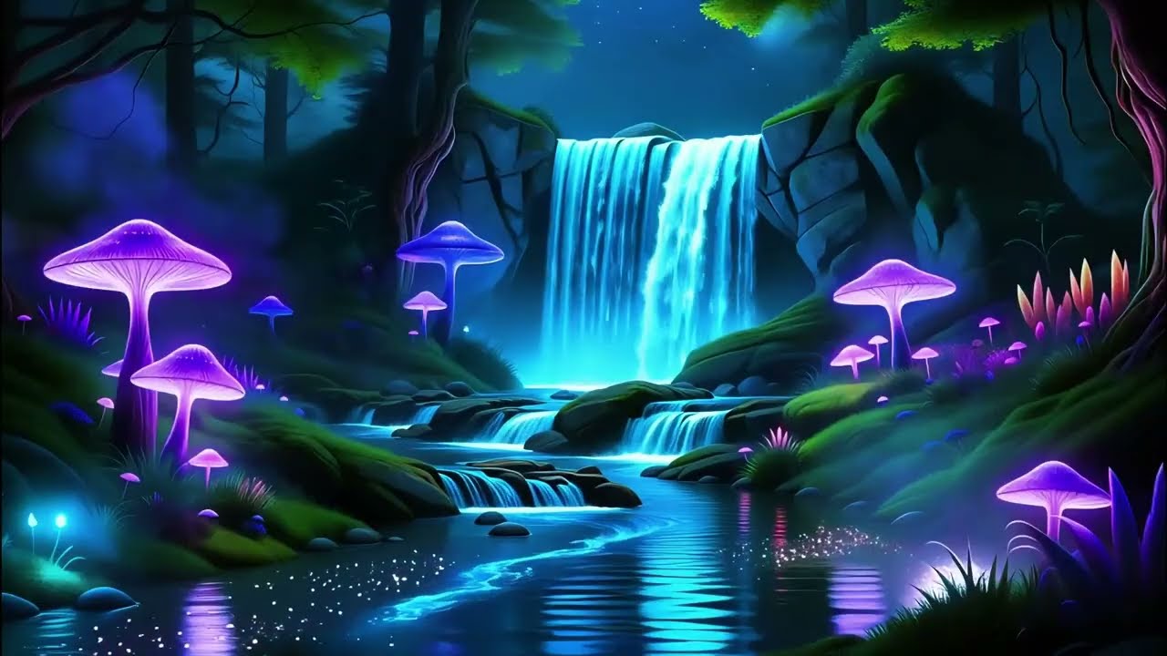 1️⃣ 🌙 Moonlit Waterfall in Magical Forest 🍄 Relaxing River Sounds & Calm Instrumental Music