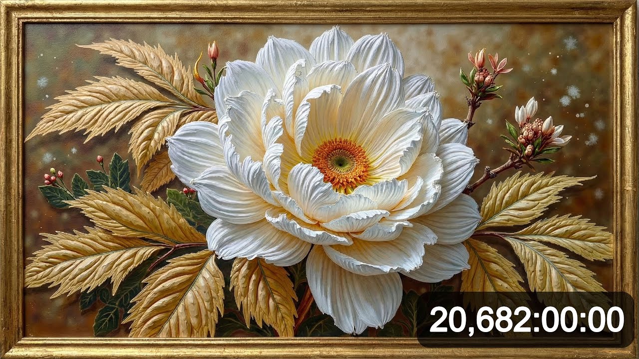 Luminous Peony Glow: 4K Animated White Flower with Gentle Gold Sparkle | TV Art with Gold Frame