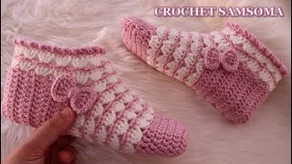 كروشيه حذاء سليبر منزلي مميز وانيق للمبتدئات ولمختلف المقاسات /  Crochet Easy Slippers Boots