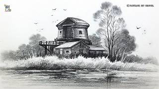 Rural Landscape Drawing For Beginners Nature Scenery Sketch Beautiful House River Scenery