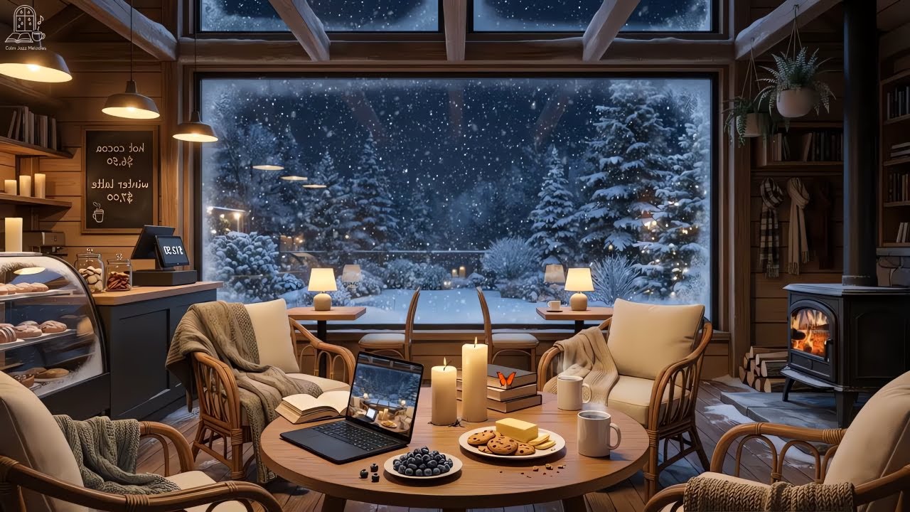Peaceful Winter Jazz in a Cozy Coffee Shop Ambience ☕ Smooth Jazz Music and Warm Fireplace