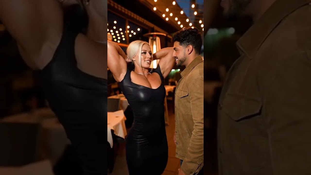 Женщина-бодибилдер в обтягивающем платье 