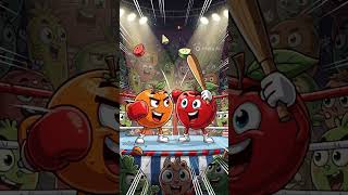 a cartoon orange and apple fighting in a boxing ri 1