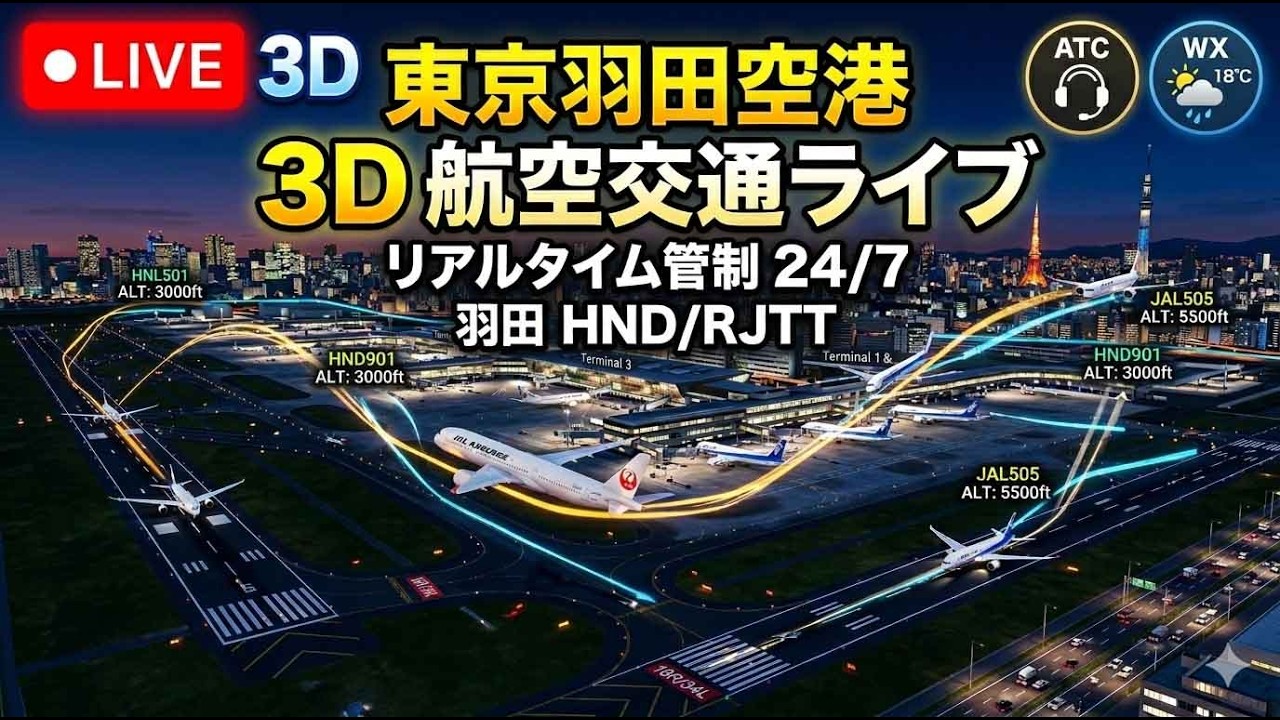 LIVE 3D Tokyo Haneda Airport 東京羽田空港(RJTT) ATC + WX(6/3/2026)