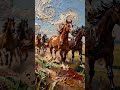 Impasto painting wild clouds, thousands of horses gallop across the plain
