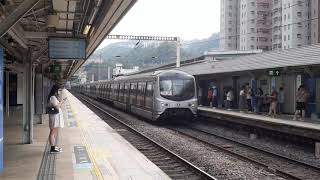 【一列複雜列車編組】港鐵 ERL MLR (E21/E81,當中有放大的一段的車卡691-291-591) 駛入,其後駛離大圍站一號月台 (往上水方向)
