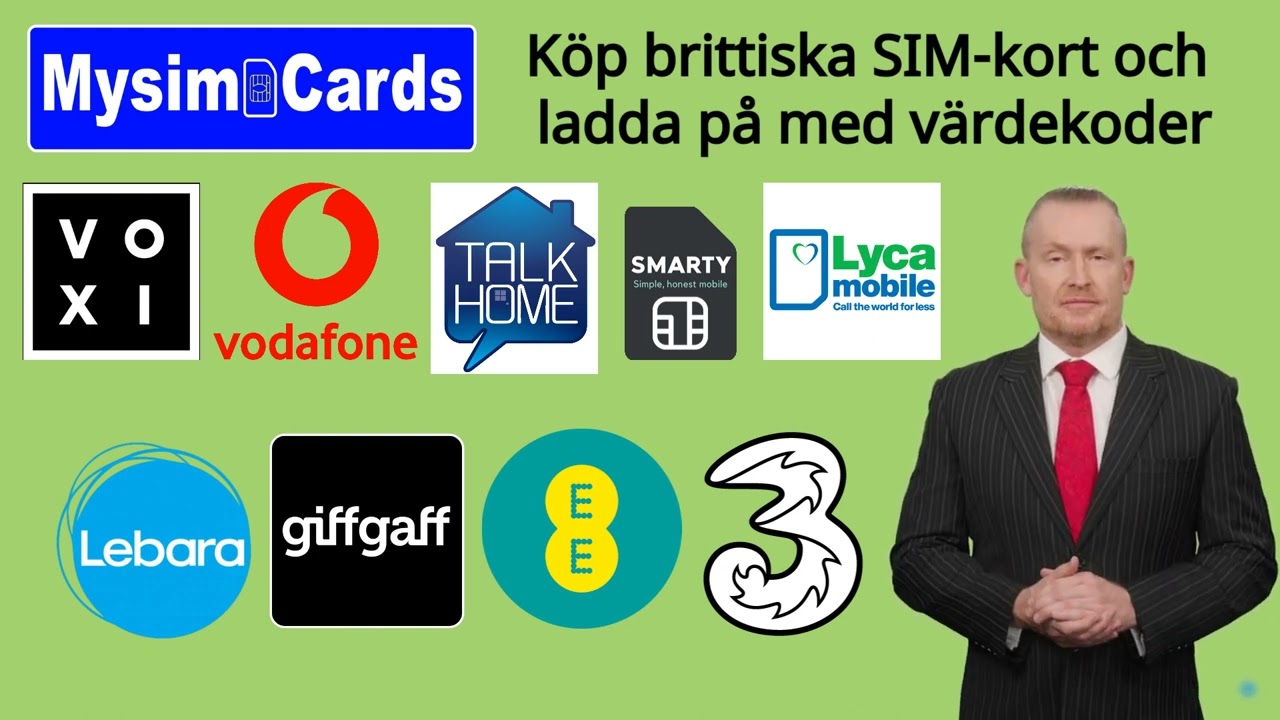 Köp brittiska SIM kort och ladda på med värdekoder 3, EE, O2, Vodafone, Giffgaff, Lyca Mobile