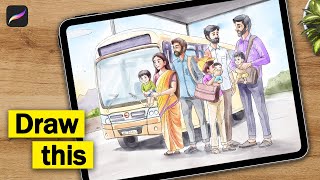 How To Draw Memory Drawing I Bus Stand I Elementary Grade Exam I Procreate Tutorial