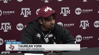 Texas A&M linebacker Taurean York talks after loss at Texas