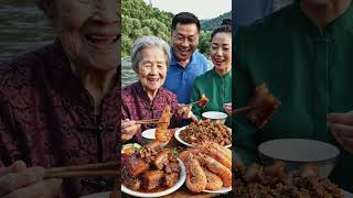 family -style Chinese home meal ... braised pork belly $ sheep meat &amp; deep fried prawns Mukbang