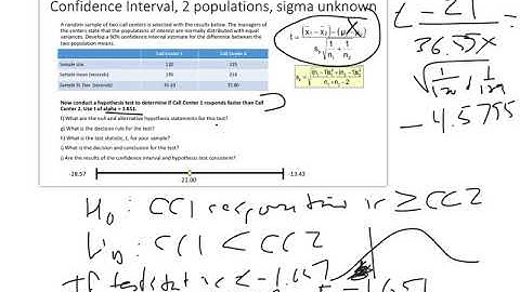 Hypothesis test, two populations, sigma unknown