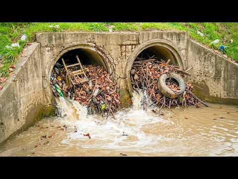 Unclogging a Giant Culvert Releases a Powerful Water Surge!