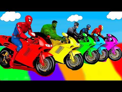 SPIDER MAN Takes on Spiral Bridge Stunt Ride on Motorcycle🦺🥽بطال الخارقين على القضبان دوامة قم