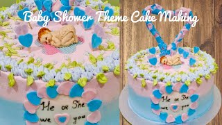 Easy and Beautiful Baby Shower Theme Cake Design\/ Edible Heart Topper\/ Sleeping Baby\/ ButterCups