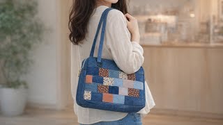 DIY Patchwork Shoulder Bag | Upcycled Denim Sewing Idea 💡