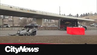 Man dead after rollover crash that closed stretch of Deerfoot for several hours
