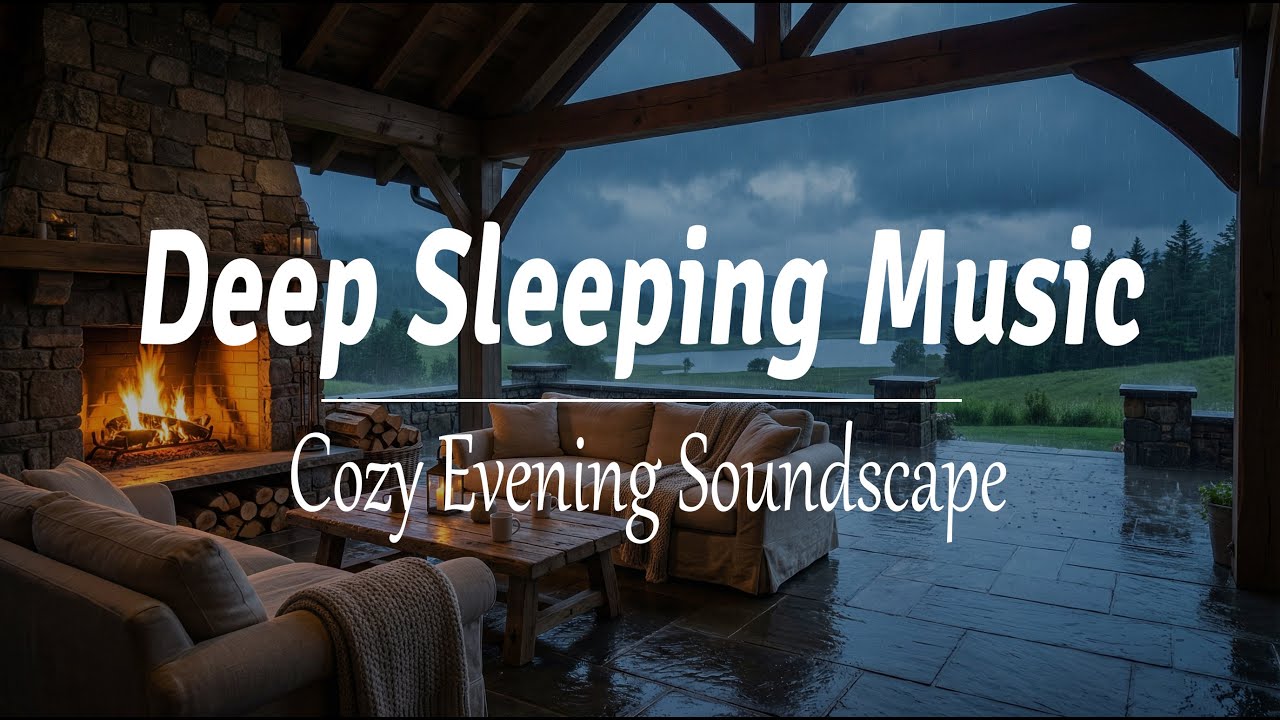 8 Hours Rainy Evening on the Patio - Crackling Fireplace and Soothing Soundscape