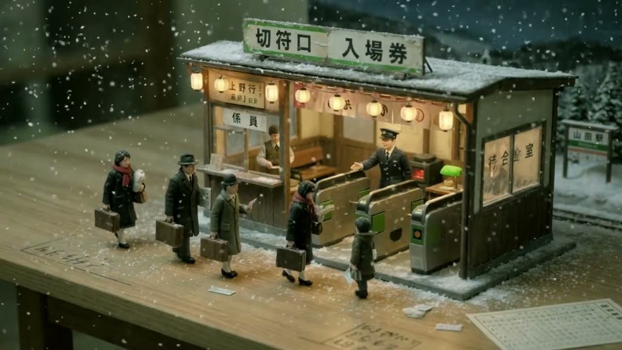 雪の夜の昭和郷愁 古い駅の模型世界 - AI Diorama #showa #ジオラマ