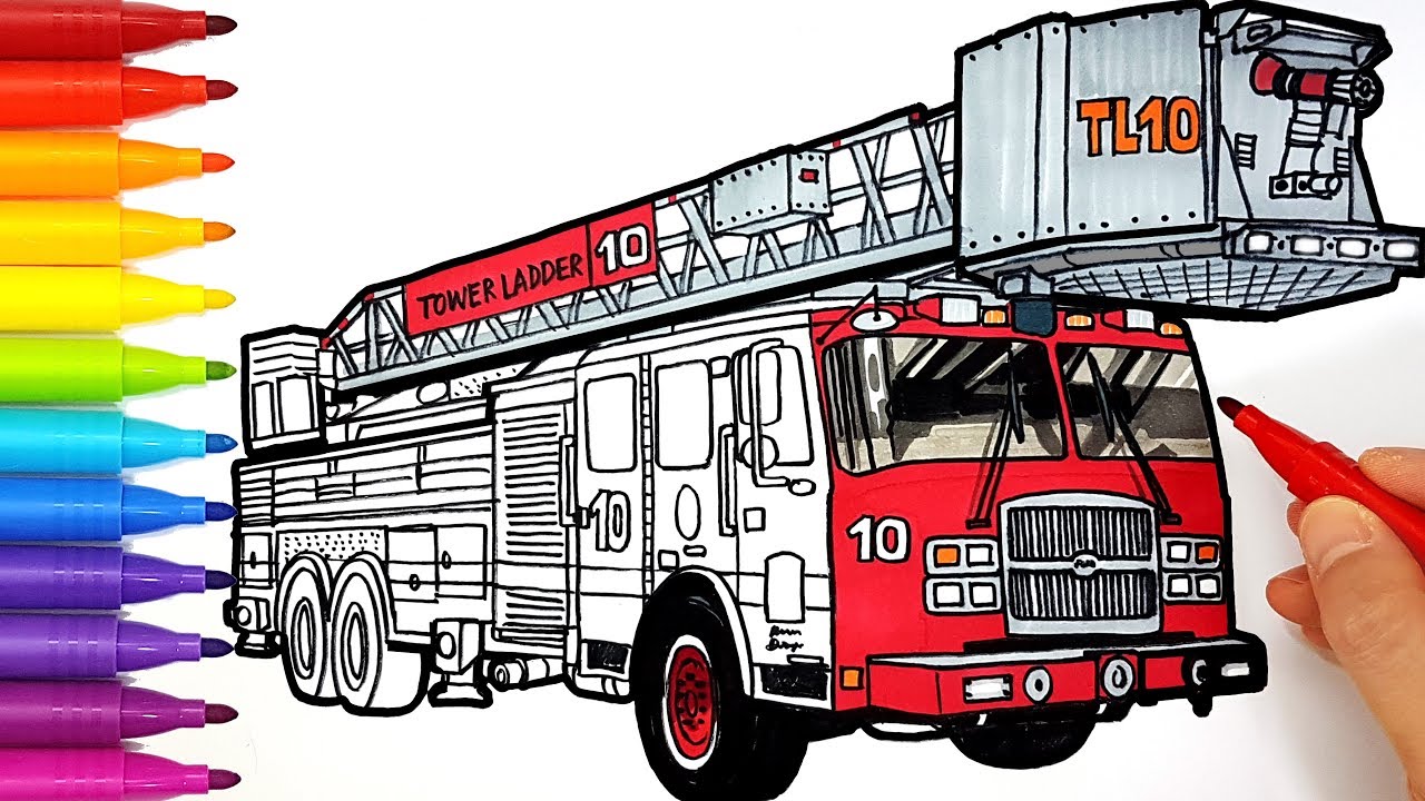 draw fire engine, drawing tutorial, easy step by step, color markers, ladde...