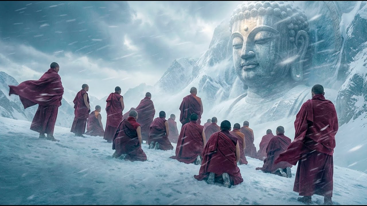 Tibetan Mountain Pass — Monks Chanting Mantra Beneath a Giant Buddha