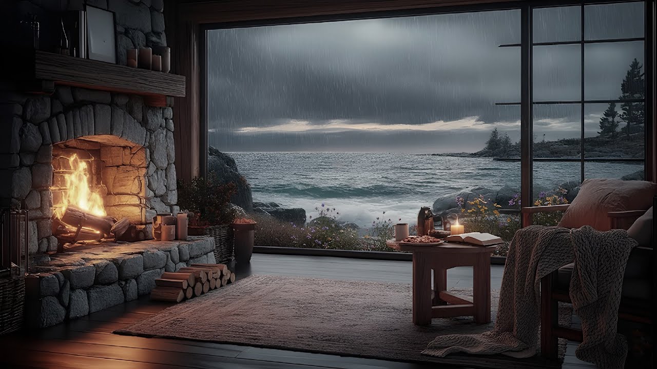 Rainy Night by the Sea 🌊 | Storm Outside, Warm Coastal Cabin & Fireplace Inside 🔥