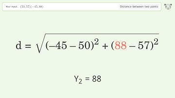 Find the distance between two points p1 (50,57) and p2 (-45,88): Step-by-Step Video Solution