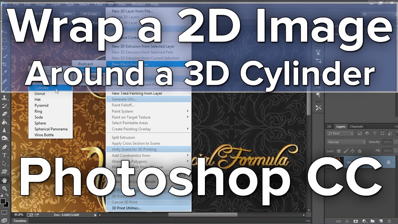 Wrap A 2d Image Onto A 3d Cylinder In Photoshop Youtube