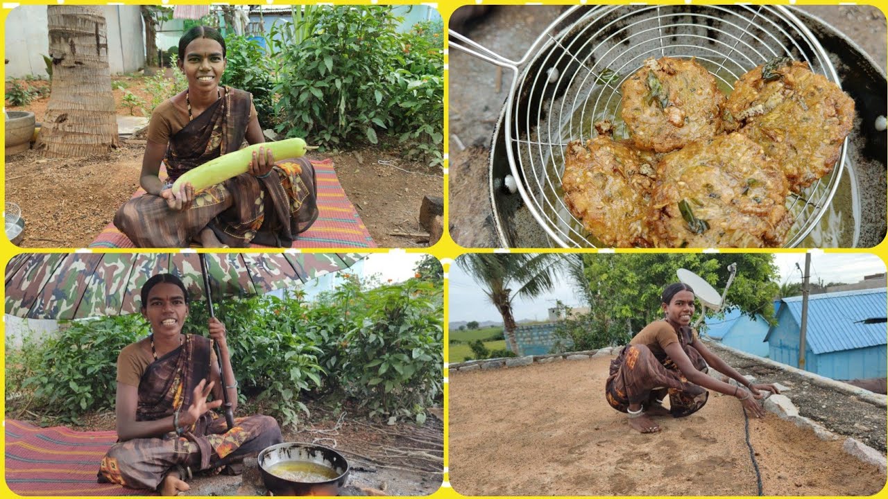 చల్లటి వాతావరణంలో ఒకపక్క వర్షం ఇంకో పక్క నేను సొరకాయ గారెలు వర్షంలో వేడివేడిగా మాఇల్లు వర్షానికి 