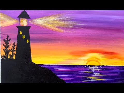 Sunrise Lighthouse Step by Step Acrylic Painting on Canvas for Beginners