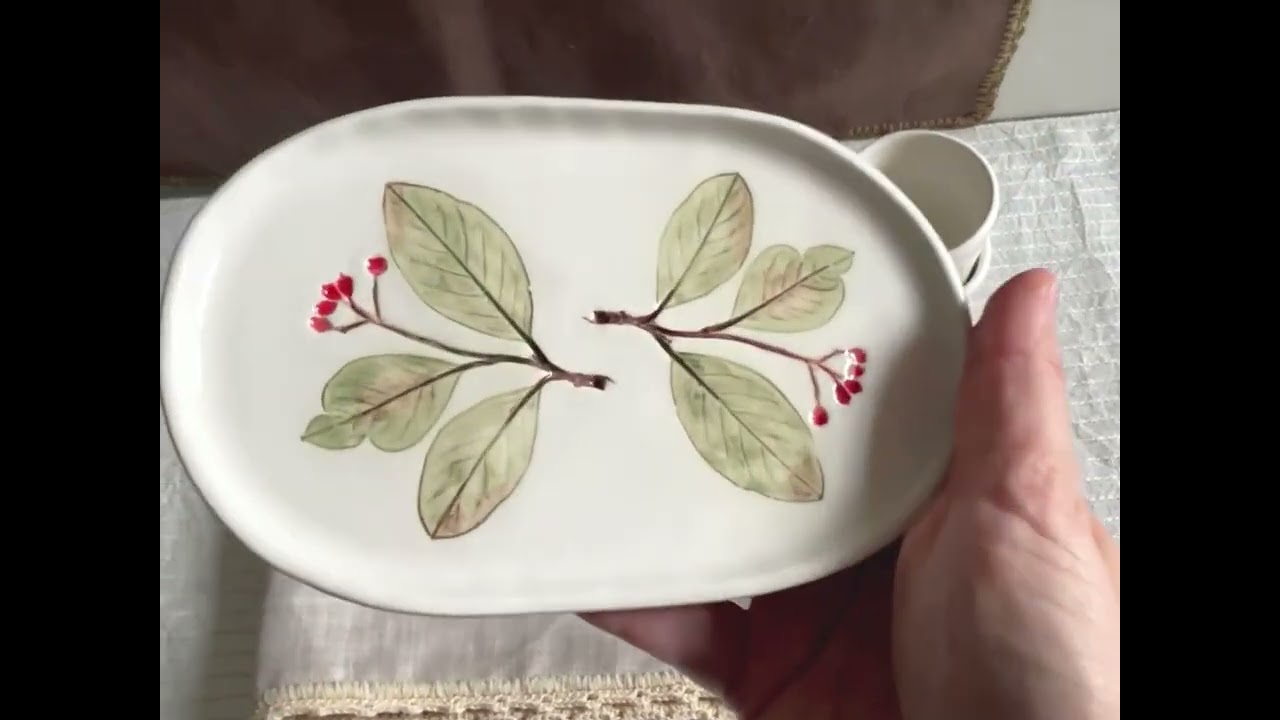 Servizio da Caffè 2 Tazzine e 1 Vassoio bacche rosse in Ceramica Botanica, Idea Regalo Natale