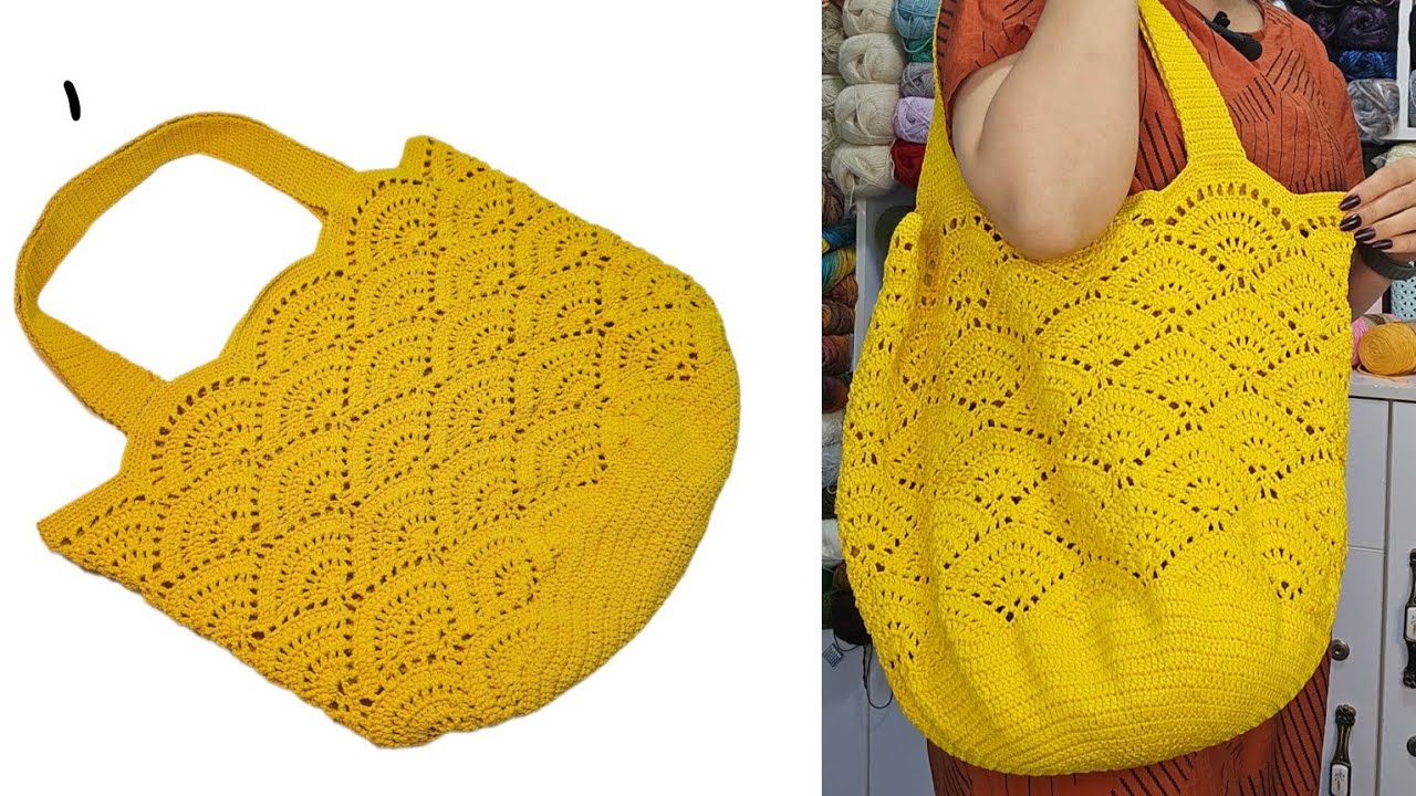 کیف رافیا | آموزش بافت کیف قلاب‌بافی مدل موجی (طرح بادبزنی) |کیف ساحلی 