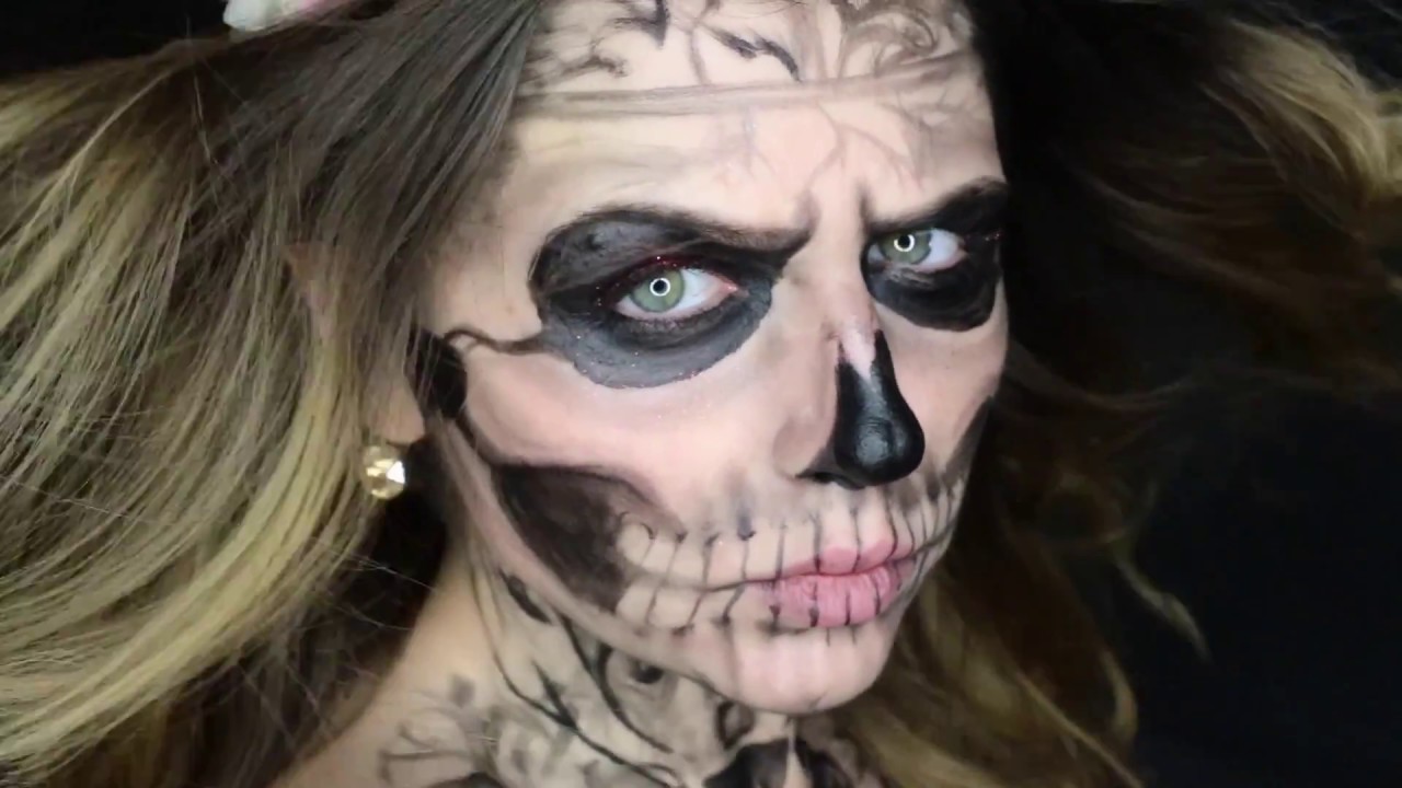 アメリカ☆フェイスタトゥー☆女の子編。ハロウィン ZOMBIE GIRL - Beauty Skull Make up Tattoo Look . Halloween