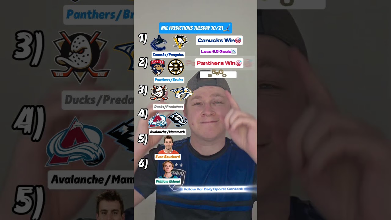 NHL Predictions Tuesday October 21st Canucks Vs Penguins and Panthers Vs Bruins and Ducks