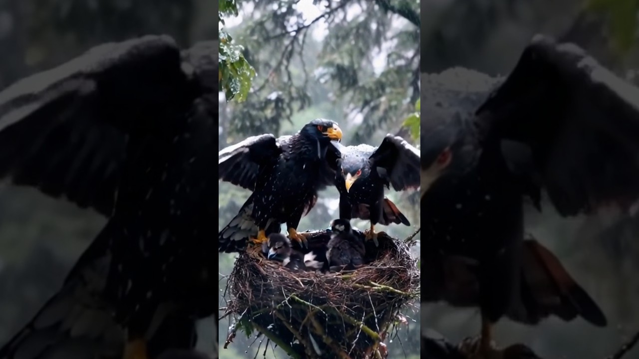 Superb eagle couple sheltering❤ their eaglets from heavy rain🌧