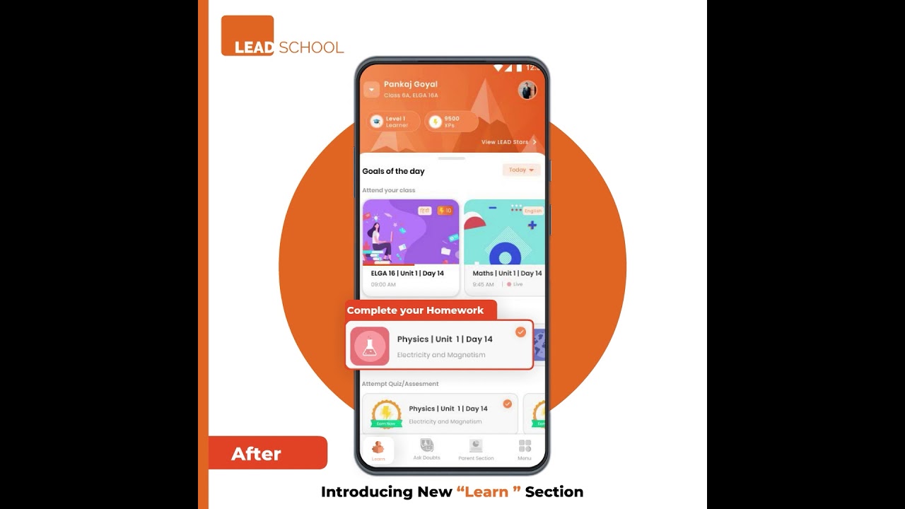 'Learn' section on the LEAD School Student & Parent App | LEAD School