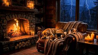 Perfect Storm for Sleep &amp; Study ⛈️ Cozy Cabin Fireplace &amp; Fluffy Dogs 🔥