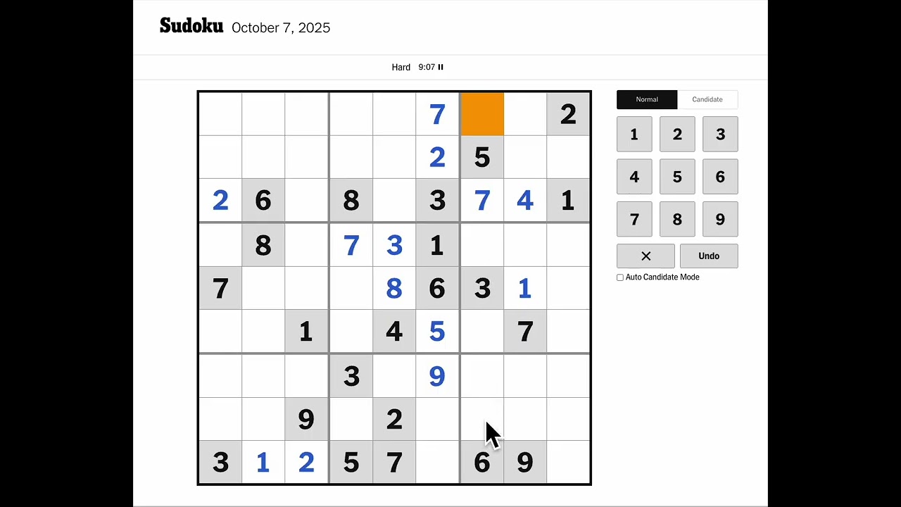 New York Times Sudoku Hard Solution for October 7, 2025: Solving