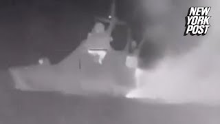 Dramatic video shows Russian Black Sea ship sinking after Ukraine drone attack