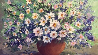 Акрил. Полевые цветы. Рисуем фон мастихином. Acrylic. Summer flowers in acrylic.