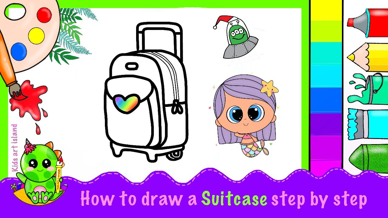 How to draw a suitcase step by step easily, painting and coloring a cute  luggage for kids