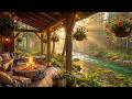 Cozy Spring Forest Cabin Porch Relaxing Campfire Flowing River Nature Ambience For Relaxation