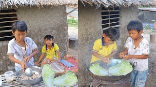 Adorable 2 brother make Cabbage soup recipe, Rural life little chef